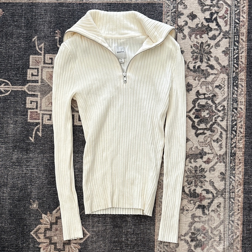 Anthropologie Maeve Cream Ribbed Zip Sweater